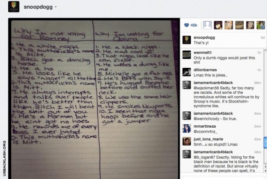 Racist Womanizing Druggie Thug Snoop Dog Posts Racist Reasons Why He Will Vote For Obama