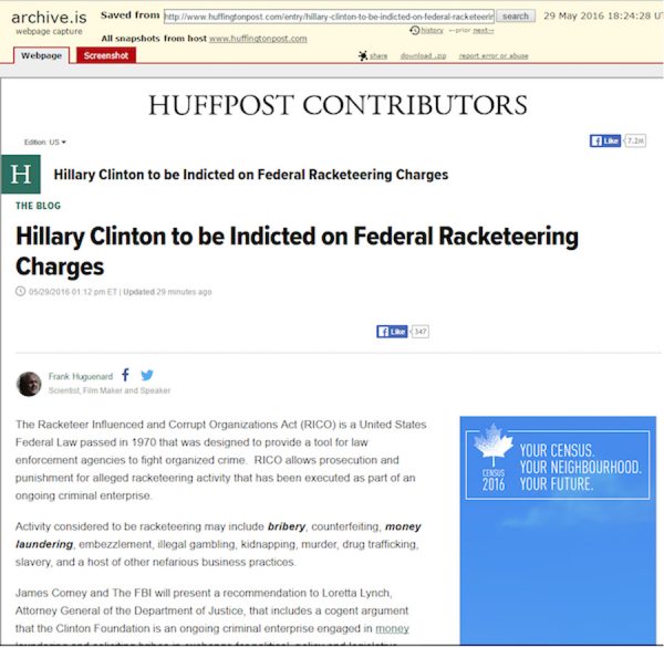 Ultra Liberal Huffington Post Posts Then Deletes Story Claiming Hillary Clinton Will Be Indicted On Racketeering Charges
