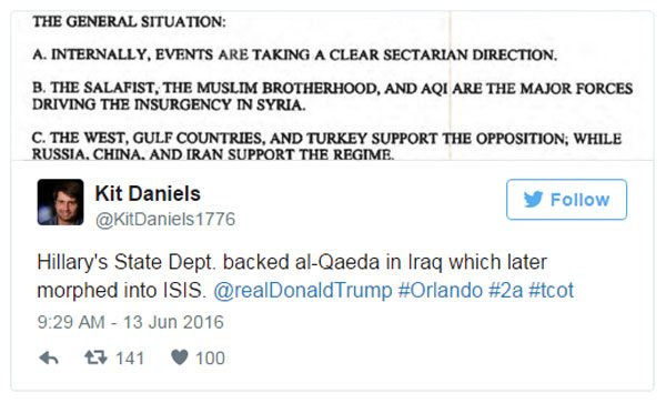 Hillary's State Dept. backed al-Qaeda in Iraq which later morphed into ISIS. @realDonaldTrump #Orlando #2a #tcot