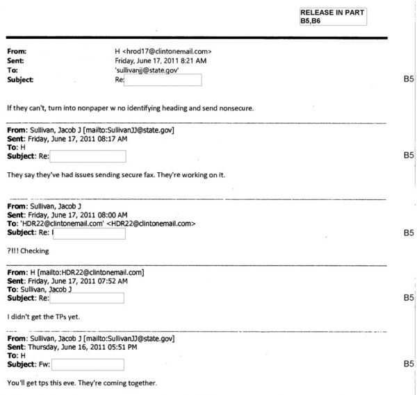 Hillary instructs aide to remove classification from classified fax and transmit classified data insecurely through email without markings