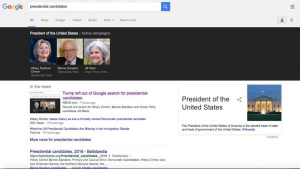 Corrupt Google Continues Supporting Criminal Hillary Clinton By Omitting Trump From List of Presidential Candidates